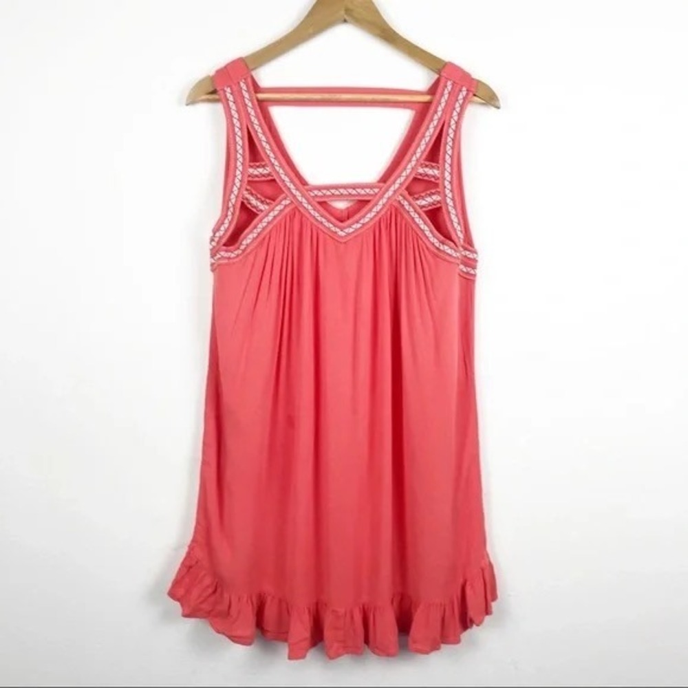 Umgee Coral Boho Tunic Top Crochet Trim Ruffle Hem Flowy Size L